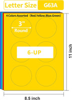 Gemsroyal 3 inch Colored Round Labels Printable, 3" Color Coding Labels for Printer,3 Colorful Custom Round Stickers,4 Colors Assorted(Red,Yellow,Blue,Green),180 Neon Circle Labels in Total