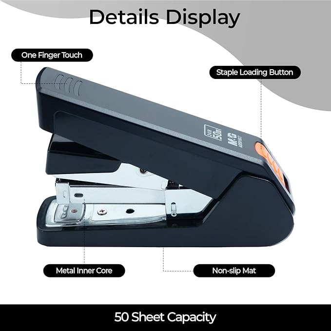 M&G Effortless Stapler 50 Sheet Capacity One-Touch Stapling, Heavy Duty Desktop Stapler Includes 1000 Staples and Remover, Portable Handheld Staplers for Home Office (Black)