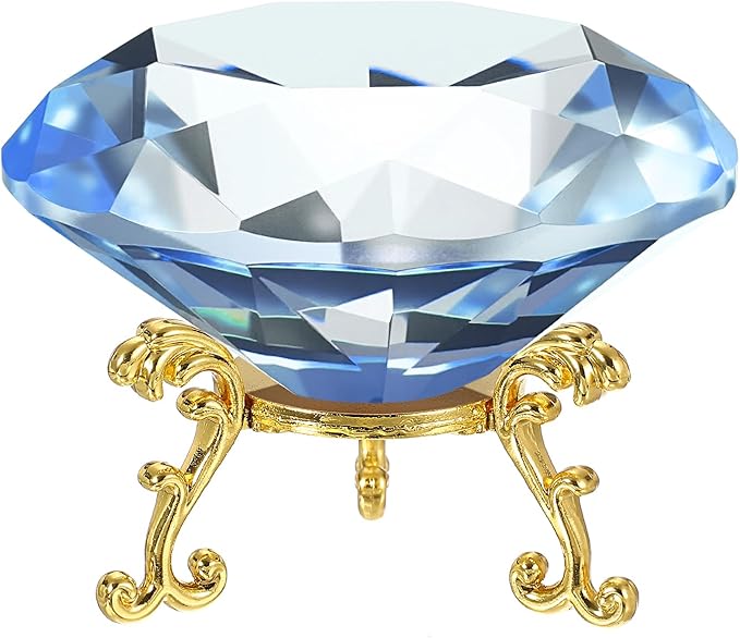 PATIKIL Diamond Crystal Paperweight, 100mm / 3.94" Crystal Paperweight Paper Weight with Gold 25 Metal Base for Home Office Desktop Table Decor Wedding Party Ornaments, Light Blue