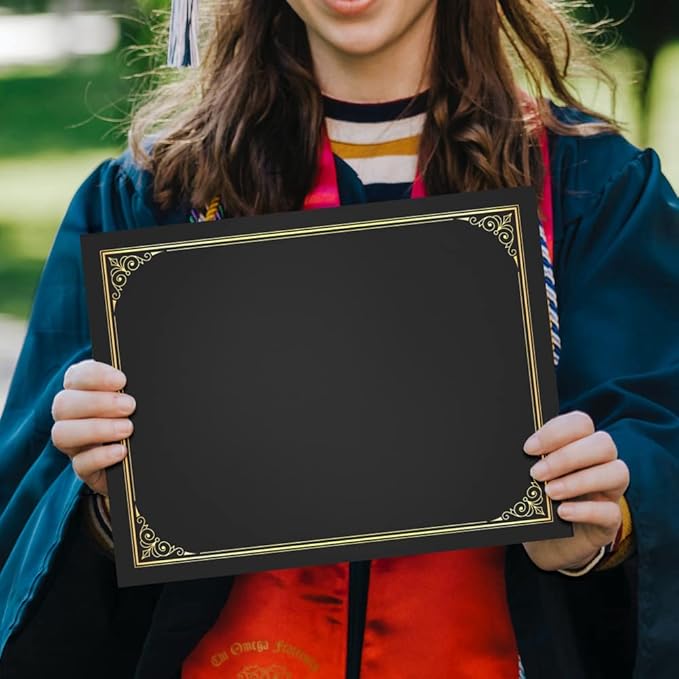 SUNEE 10 Packs Black Certificate Holders, 250gsm, for 8.5x11 Award Certificates, Certificate Covers with Gold Foil Border