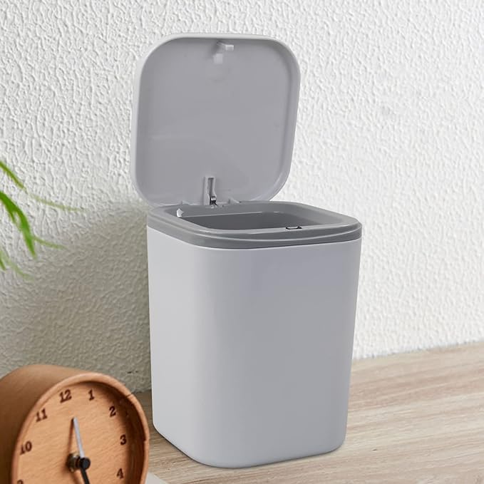 Idomy 0.5 Gallon Tiny Desktop Push-Button Trash Can, Mini Garbage Can, Gray