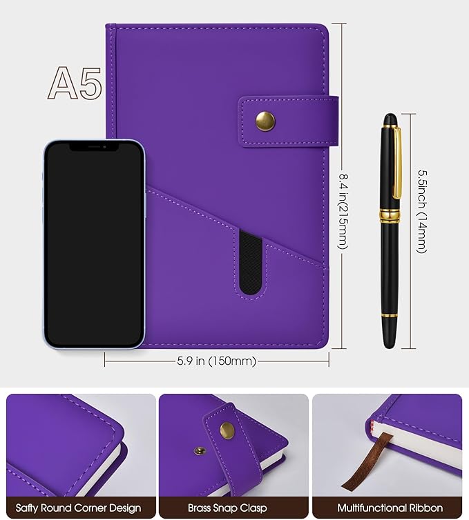 vfaejll Purple A5 Lined Leather Journal Notebook for Men Women,5.9" X 8.4" Personalized Hardcover Journal with Pen,200 Pages 100 Gsm Thick Ruled Paper Daily Diary for Travel,Business,Work,Writing
