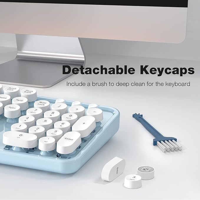 MOFII Wireless Keyboard and Mouse Combo, Computer Full Size 2.4G Plug and Play Wireless Typewriter Retro Round Keyboard and Mouse Set for Windows, Computer, Desktop, PC, Notebook - (Light Blue)