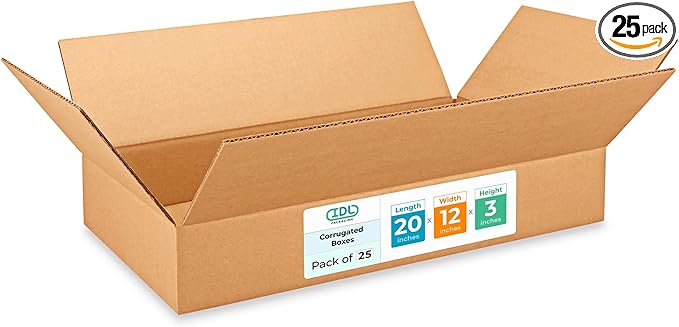 Large Shipping & Moving Boxes 20"L x 12"W x 3"H (25-Pack) - Extra Strength 200 lb vs Regular - Corrugated Packing Boxes for Moving - Heavy-Duty Shipping Box Large by IDL Packaging