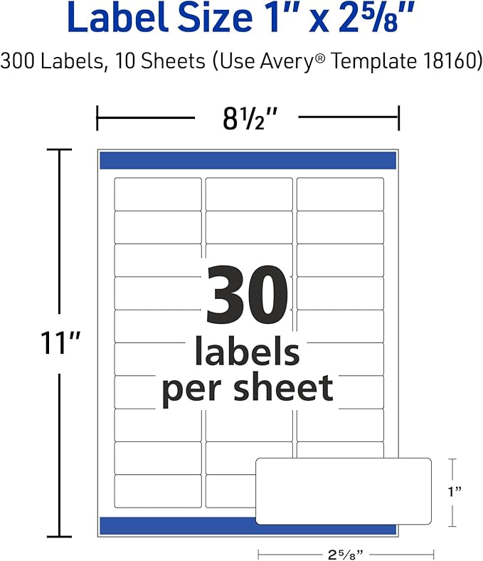 Avery Easy Peel Printable Address Labels with Sure Feed, 1" x 2-5/8" Customizable Stickers, White, 300 Blank Mailing Labels, Great for Mailing, Shipping, and More (18160)