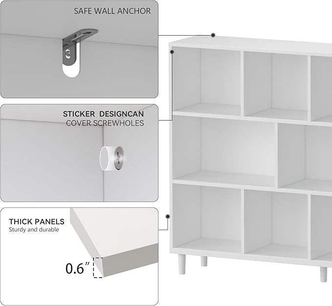 Chyanmoo Wood Cube Storage Organizer White Bookshelf - 3-Tier Freestanding Storage Cabinet with Legs for Home Office, 11-Cubes Open Shelf