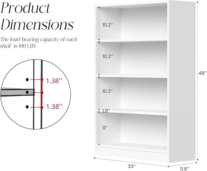 Farini 48 Inch Tall 4-Shelf Bookcase, Wood Bookshelf Storage Organizer Adjustable Shelf for Home Office, Study Room, Easy Assembly,White