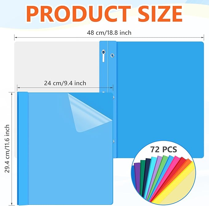 Feifeiya 72 Pack Plastic Report Covers with 3 Prongs Presentation Folders Bulk, 100 Sheet Capacity, Clear Front Report Covers for Presentation Document Paper School Office Supplies (Colorful)