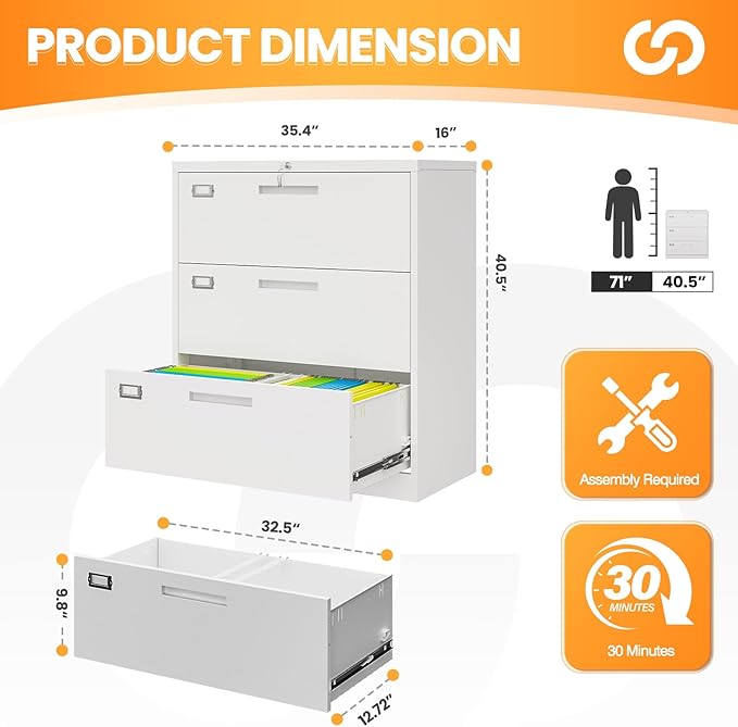 AFAIF 3 Drawer File Cabinets for Home Office, Metal Filing Cabinet with Lock, White Locking File Caninet Three Drawer, Office Storage Caninets Steel Cabnet for Letter/Legal/A4/F4-Assembly Required