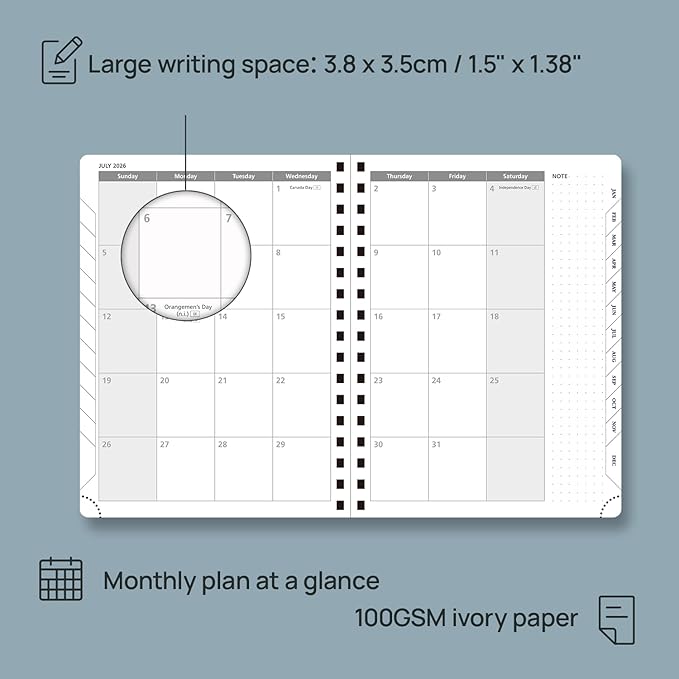 POPRUN 2026 Planner Weekly Notebook (Jan-Dec), Medium 8.5''x 6.5'' - Agenda 2026 Calendar Book with Monthly Tabs, Inner Pocket, Spiral Soft Cover, 100 GSM - Cerulean Blue