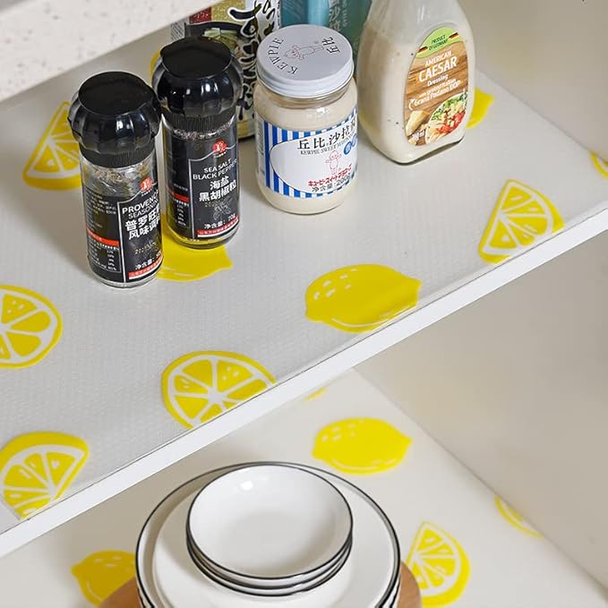 Lemon Print Shelf Liner for Kitchen Cabinets - Non-Adhesive Drawer Liner, Non-Slip Refrigerator Liner, Waterproof Fridge & Pantry Mat - Easy to Cut & Clean