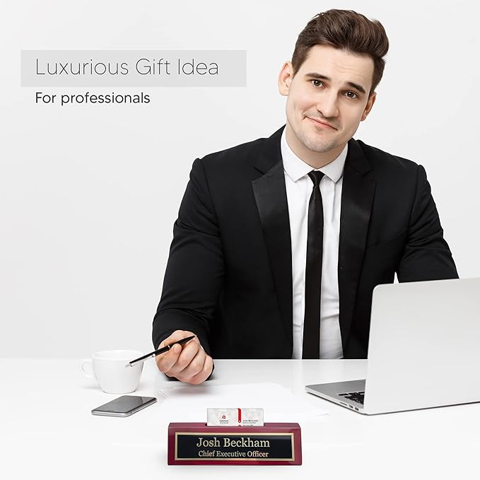Business Wood Name Plate for Desk | Custom Desk Name Plate Personalized Gift for Office, The Perfect Engraved Name Plaque By Engraving International (2" x 8" With Card Holder, Rosewood Piano Finish)