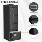 4 Drawer File Cabinet with Lock, High-Capacity Vertical Metal Filing Cabinet for Home Office, Heavy Duty Locking Steel Storage for A4/Letter/Legal Size, Black, 17.7" D x 14.6" W x 52.6" H