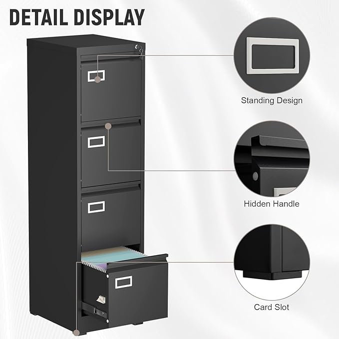 4 Drawer File Cabinet with Lock, High-Capacity Vertical Metal Filing Cabinet for Home Office, Heavy Duty Locking Steel Storage for A4/Letter/Legal Size, Black, 17.7" D x 14.6" W x 52.6" H