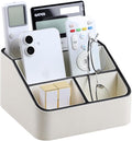 MEIBOOCH Remote Control Holder, PU Leather Small Desk Organizer with 4 Compartments, Nightstand Organizer Desk Caddy for Remote, Notepad, Phone, Glasses, and Accessories (Cream)