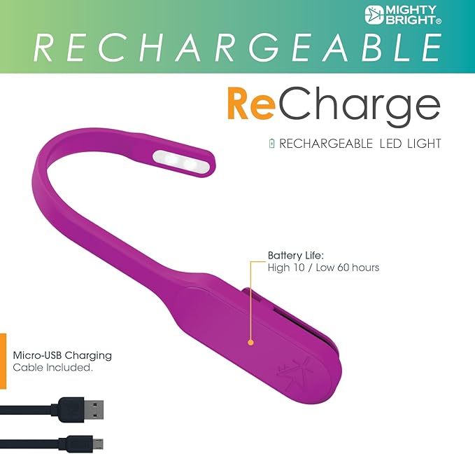 The Original Mighty Bright Recharge Clip On Rechargeable Book Light Reading Light, Warm Eye Care LEDs, Flexible, Durable, Dimmable, Perfect for Kids, Bookworms, Reading in Bed, Lasts 60 Hours (Purple)