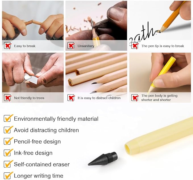 HOTUT Infinity Pencil,10PCS Inkless Pencil Forever Pencils with 10 Replaceable Nibs and Extra Erasers, NO-Sharpening Pencils for Students for Writing Drawing Home Office School Supplies