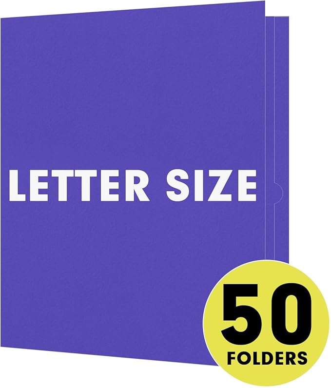 Two Pocket Folders, RAZCC 50 Pack 2 Pocket Folders Fit Letter Size Paper, Paper Folders with Pockets for School Office Business Home (Purple)