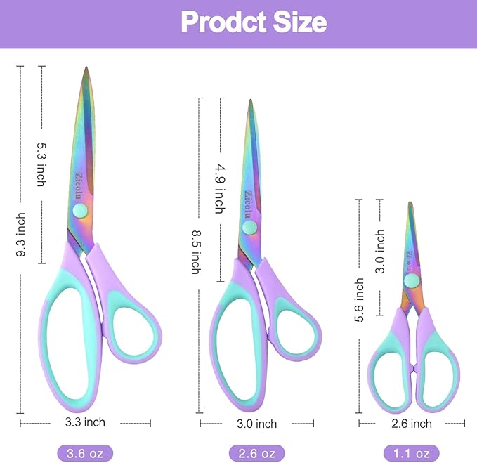 Zicolu Craft Scissors Set of 3 pack, Sharp Rainbow Titanium Coating All Purpose Scissors, Ergonomic Semi-Soft Rubber Grip, Suitable for School, Office and Household Use, 9.2''/8.5''/5.6"