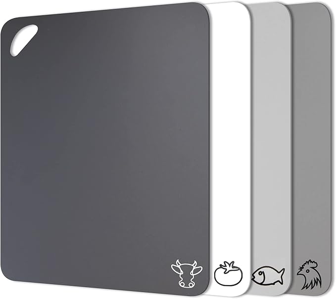Fotouzy Plastic Cutting Boards with Food Icons, Set of 4, Flexible Cutting Mats with Hole, BPA-Free, Non-Slip and Dishwasher Safe, Modern Neutral Colors