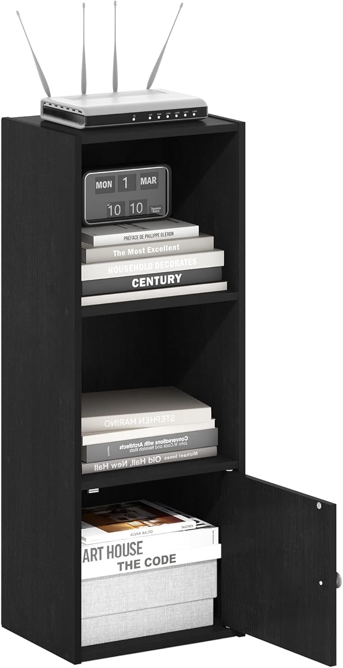 Furinno LUDER Book Shelf, 3-Tier Modern Bookshelf, Bookcase with 1 Door Storage Cabinet, 9.3 x 12 x 31.5, for Living Room, Bedroom, Home Office, Blackwood | Furinno, Luder, Shelf, Bookcase, 1 Door, Storage Cabinet