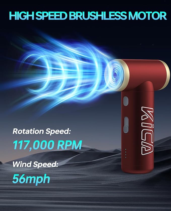Compressed Air Duster-KiCA JetFan 2S Electric Air Duster,117000 RPM Rechargeable Cordless Air Blower for Cleaning Keyboard&PC, Jet Dry Duster with New Extreme Mode, Metal Shell-Red