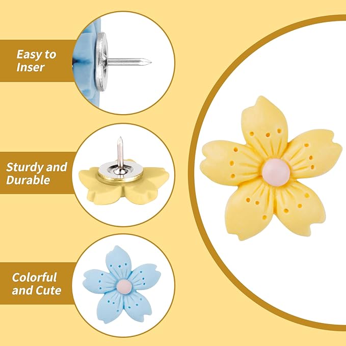 Decorative Push Pins,30pcs Flower Push Pins for Cork Board Colorful Thumb Tacks Cute Push Pins Fun Thumb Tacks Decorative for Photo Wall, Feature Wall,Map, Bulletin Board, Office or Home