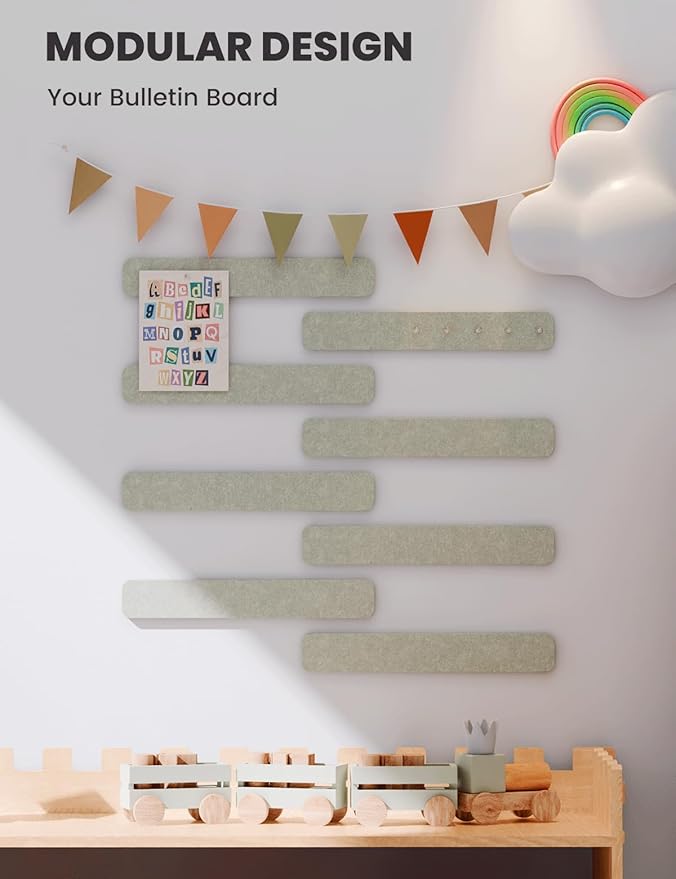 Fluxynara Cork Board Alternative Felt Strip Board 8-Pack 13"x2", Office Pin Board with 50 Push Pins, Adhesive Install for Bedroom Door & Home Office(Sage)