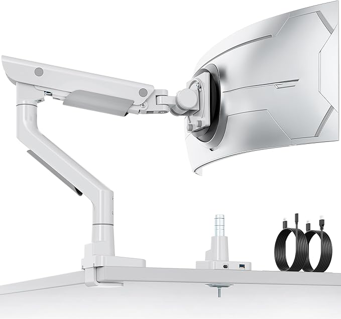 monTEK Sleek Aluminum Monitor Arm for 17–57” Ultrawide Screens up to 59.4 lbs, USB 3.0 A/C, Heavy Duty Single Monitor Arm Desk Mount, Pneumatic Lift, Quick-Release Plate, Clamp/Grommet, VESA 100x100