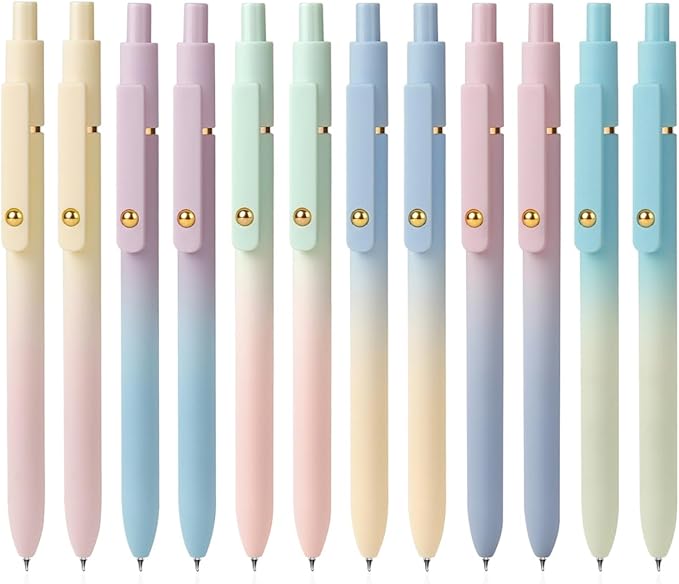 FIOVER Gel Pens, 12 Pcs 0.7mm Comfort Grip Quick Dry Black Ink Pens Fine Point Smooth Writing Pens, Cute Office Back to School Supplies Gifts for Women (12PCS Gradient Black Ink)