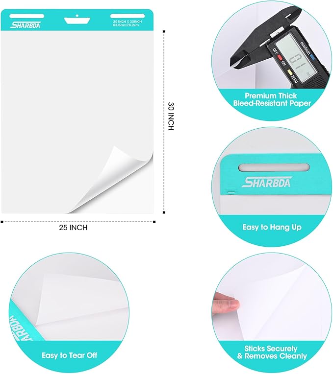 SHARBDA Sticky Easel Pad, 25 * 30 inch,Self-Stick Flip Chart Paper, Super Adhesive & Bleed-Resistant,Micro-Perforated Tear,Classroom Teacher Office Presentation Pads,4 Pads/Pack,120 Sheets