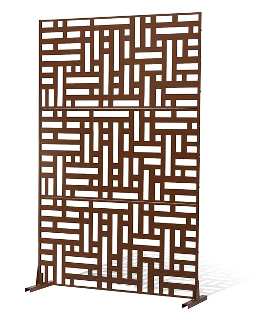 VEVOR Metal Privacy Screen, 36" W x 72" H, Outdoor Privacy Screens & Panels, Freestanding Outdoor Divider with Stand, 3-Panel Decorative Garden Steel Privacy Fence for Balcony Patio Indoor Room Brown