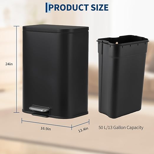 Takywep 13.2 Gallon Brushed Stainless Steel Trash Can with Soft-Close Lid, 3.2/5.3/8/13.2 Gallon Smudge-Resistant Compact Garbage Bin for Kitchen, Bathroom, Office - Black & White