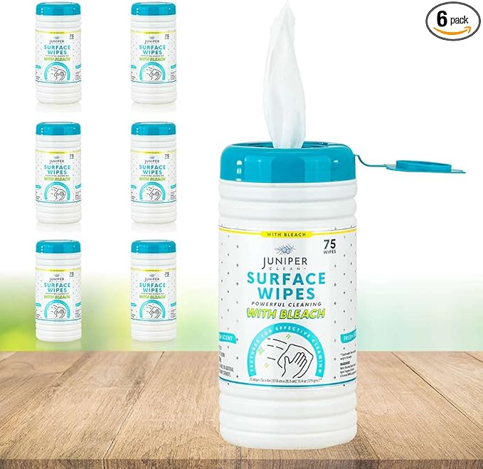 Juniper CLEAN 6 Pack Surface Cleaning Wipes with Bleach, All-Purpose Cleaner for Bathroom, Kitchen, Office, 450 Count Canister, Fresh Scent, 7.5" x 7" Sheet, Lint Free & Durable