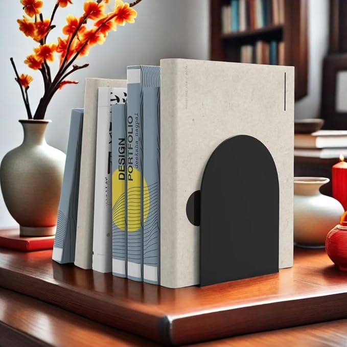 Lulonpon 6 Pieces Book Ends, Bookends, Books Stand, Metal Bookend for Shelves, Black Book Ends for School, Library, Desktop Organizer