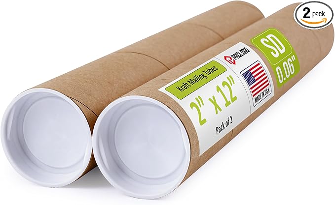 2" x 12" Reinforced Kraft Paper Mailing Tubes, Pack of 2 Tubes with 2 Caps Each – USPS Approved Poster Tube – Made in USA Cardboard Tube for Shipping and Storing Posters, Prints, Artwork, or Documents