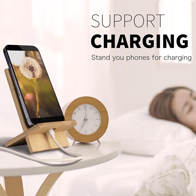 Healfyya Bamboo Tablet Holder - Adjustable Folding iPad Stand with Charge Port for Desk or Cooking