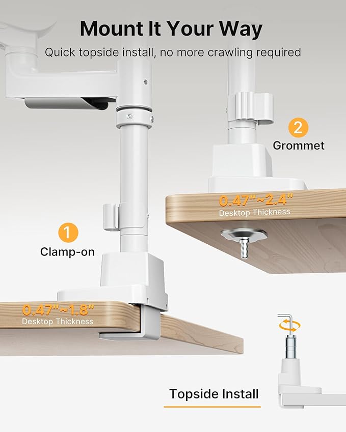 monTEK Sleek Aluminum Monitor Arm for 17–57” Ultrawide Screens up to 59.4 lbs, USB 3.0 A/C, Heavy Duty Dual Monitor Arm Desk Mount, Pneumatic Lift, Quick-Release Plate, Clamp/Grommet, max VESA 100x100