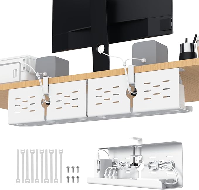 KEEGH 16" Under Desk Cable Management Tray, 2 Pack Desk Cord Organizer Upgrade Capacity, Drill Free Clamp/Screw Mount, Sturdy Metal Tray for Connect Cables, Home, Office, White