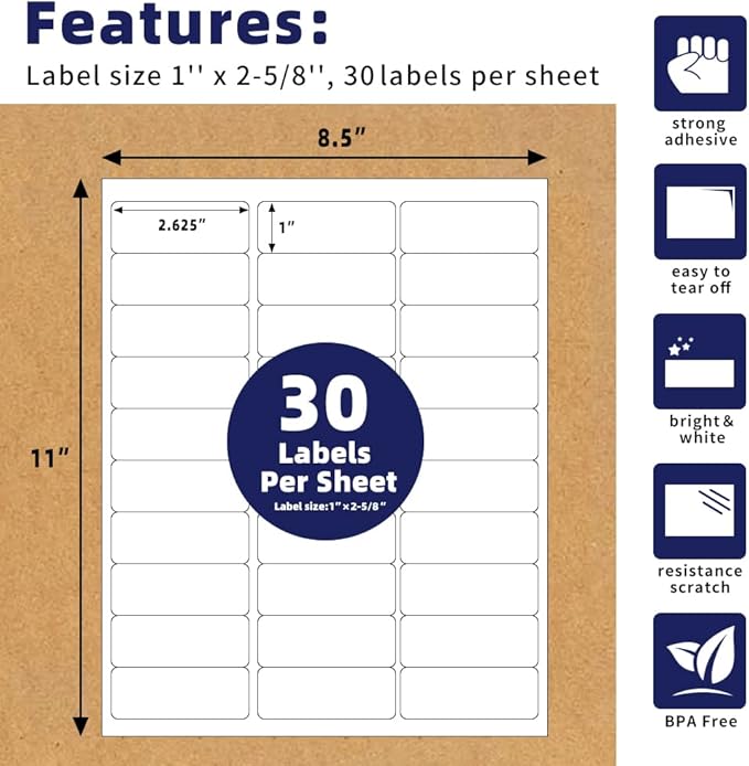POLYSELLS 1" x2-5/8 Self Adhesive Address Labels, 30UP Blank Shipping Labels, FUSKU, FBA Mailing Labels for Inkjet and Laser Printer, 30000 Sticker Labels (1000 Sheets), 30 Labels per Sheet