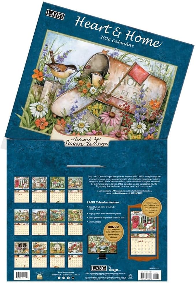 Lang Heart & Home 2026 Wall Calendar – 13.4? × 12?, 12-Month Calendar with Stapled Binding, Linen-Embossed Art by Susan Winget, Calm Home & Garden Imagery