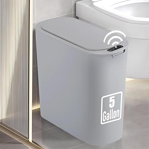 TIPGO 5 Gallon Motion Senor Bathroom Trash Can with Lid, Automatic Garbage Can Touchless, Smart Plastic Waste Basket for Narrow Spaces, Bathroom, Office, Bedroom, Living Room (Gray)