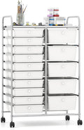 Giantex 15 Drawer Rolling Cart with Drawers, Storage Organizer Cart for Classroom Office School Teacher, Mobile Drawer Cart for Tools, Crafts, Small Printer, Ivory