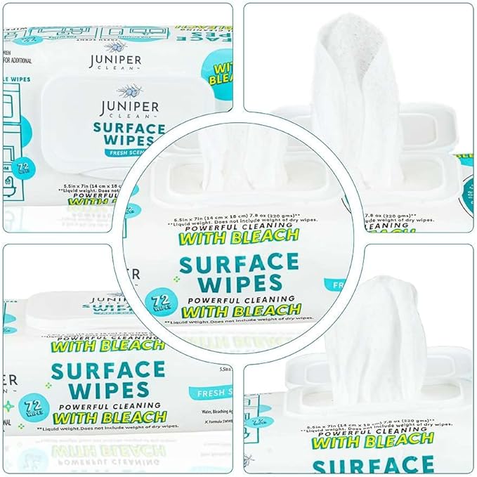 Juniper CLEAN 3 Pack Surface Cleaning Wipes with Bleach, All-Purpose Cleaner for Bathroom, Kitchen, Office, 216 Count Soft Flow, Fresh Scent, Lint Free & Durable