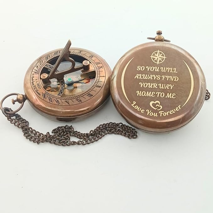 DAYOLX So You Can Always find Your Way Back to Me - Personalized Sundial Compass - Luxury Gift - Anniversary Sundial Compass - Brass Personalised Gifts for Men with Engraved Message, 3 inch