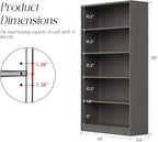 Farini 60 Inch Tall 5-Shelf Bookcase, Wood Bookshelf Storage Organizer Adjustable Shelf for Home Office, Study Room, Easy Assembly,Grey