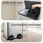 JM ·YIPENG Kitchen Trash Can, 2 x 8 Gallon (2 x 30 L) Recycling Bin with Lid, Double Trash Can, Soft-Close Foot Pedal, 2 Compartments Garbage Cans for Kitchen, Dual Trash Cans, Silver
