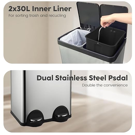 JM ·YIPENG Kitchen Trash Can, 2 x 8 Gallon (2 x 30 L) Recycling Bin with Lid, Double Trash Can, Soft-Close Foot Pedal, 2 Compartments Garbage Cans for Kitchen, Dual Trash Cans, Silver