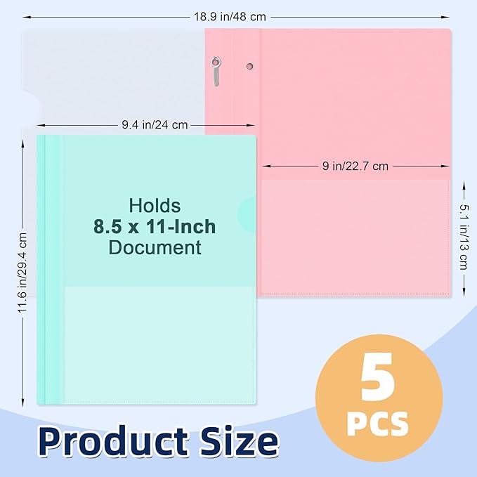 HAUTOCO 5 Pack Plastic Report Covers with 3 Prongs Fasteners Clear Front Resume Portfolio Folder for 8.5x11 Letter Size Paper, Presentation Document Report Cover for School Office Business, 5 Colors