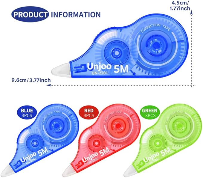 Unjoo White Correction Tape, Easy To Use Applicator, Fast Clean Tear-Resistant Tape For school Supplies, Office (9-pack, 5M/196, Red, Green, Blue, Tape Width 0.2in)